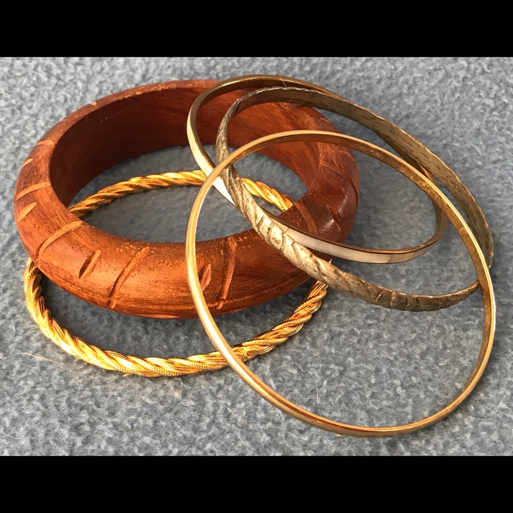 Set of 5 BANGLES BRACELETS Wood Abolone